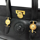 VERSACE Handbag leather Black x Gold Metal Sunburst Women Used Authentic