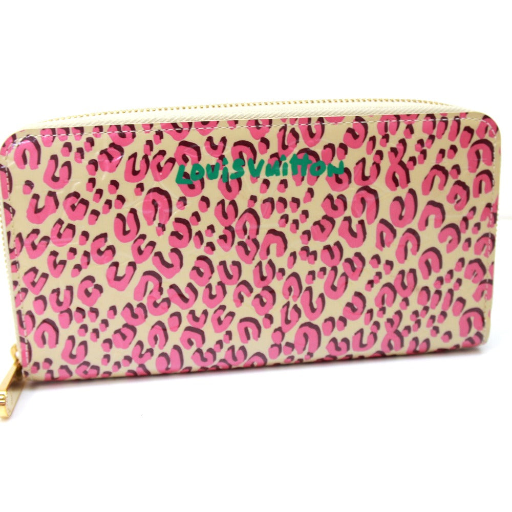 LOUIS VUITTON Long Wallet Purse M91476 Patent leather pink Vernis Leopard Zippy wallet Women Used Authentic