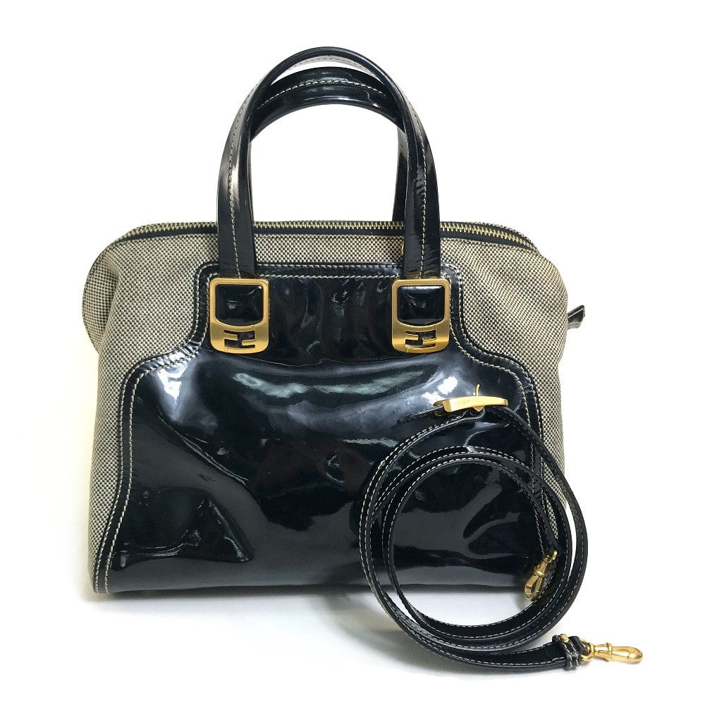 FENDI Handbag Canvas / patent leather Black type Enamel Crossbody Shoulder chameleon Women Used Authentic