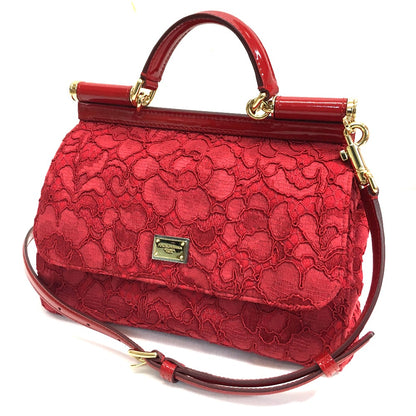 DOLCE&GABBANA Shoulder Bag Cotton / patent leather Red Sicily With logo Flower Pattern Embroidery Women Used Authentic