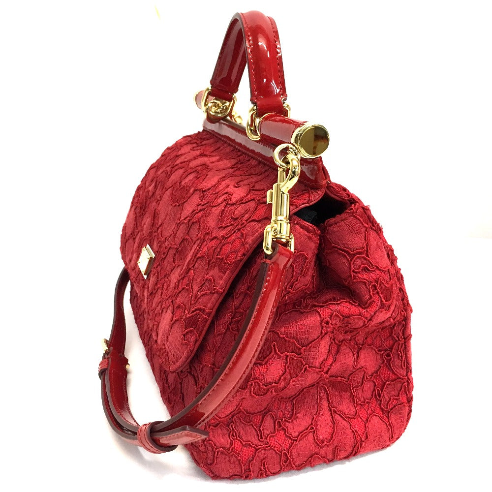 DOLCE&GABBANA Shoulder Bag Cotton / patent leather Red Sicily With logo Flower Pattern Embroidery Women Used Authentic