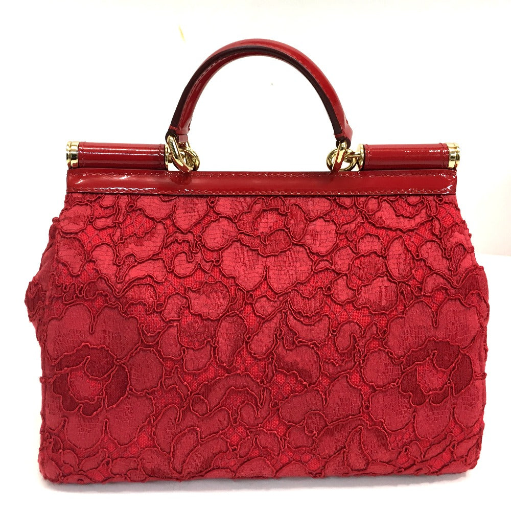 DOLCE&GABBANA Shoulder Bag Cotton / patent leather Red Sicily With logo Flower Pattern Embroidery Women Used Authentic