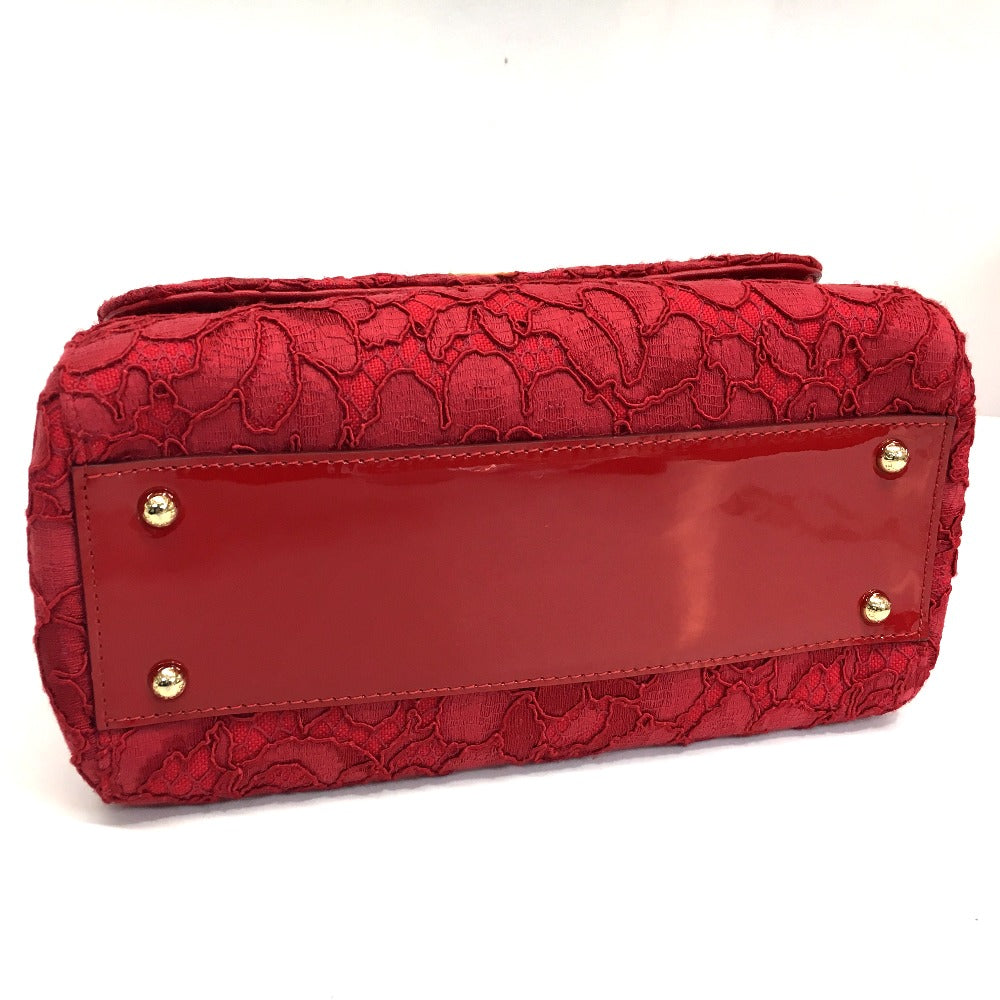 DOLCE&GABBANA Shoulder Bag Cotton / patent leather Red Sicily With logo Flower Pattern Embroidery Women Used Authentic