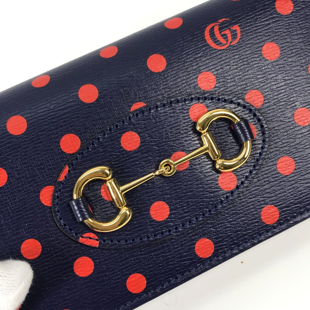 GUCCI Long Wallet Purse 621892 leather Navy x red Horsebit 1955 Dot Polka Dot Chain wallet Women Used Authentic