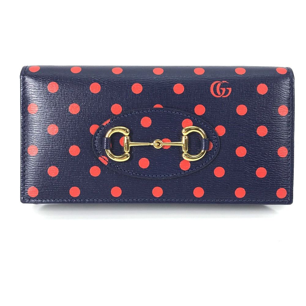 GUCCI Long Wallet Purse 621892 leather Navy x red Horsebit 1955 Dot Polka Dot Chain wallet Women Used Authentic