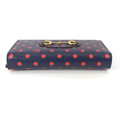 GUCCI Long Wallet Purse 621892 leather Navy x red Horsebit 1955 Dot Polka Dot Chain wallet Women Used Authentic