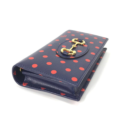 GUCCI Long Wallet Purse 621892 leather Navy x red Horsebit 1955 Dot Polka Dot Chain wallet Women Used Authentic