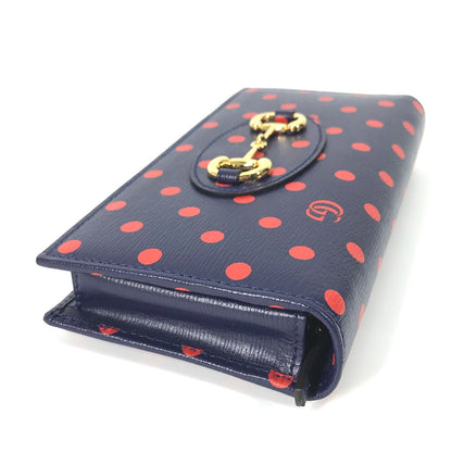 GUCCI Long Wallet Purse 621892 leather Navy x red Horsebit 1955 Dot Polka Dot Chain wallet Women Used Authentic