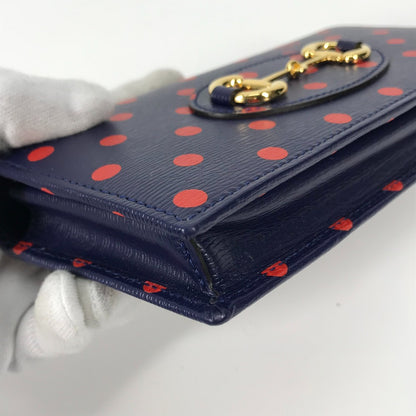 GUCCI Long Wallet Purse 621892 leather Navy x red Horsebit 1955 Dot Polka Dot Chain wallet Women Used Authentic