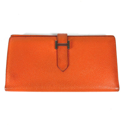 HERMES Long Wallet Purse Epsom Orange HMetal Beansufla Women Used Authentic