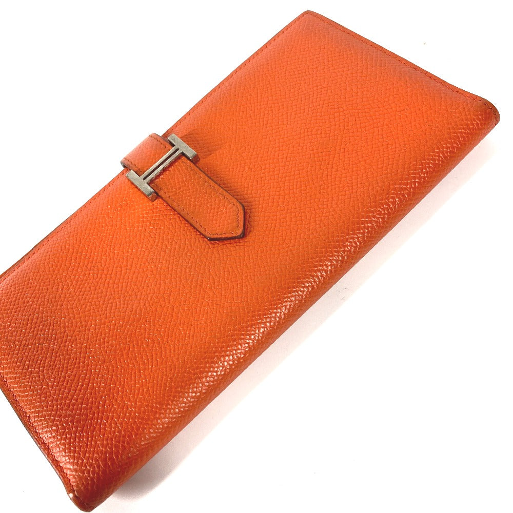 HERMES Long Wallet Purse Epsom Orange HMetal Beansufla Women Used Authentic