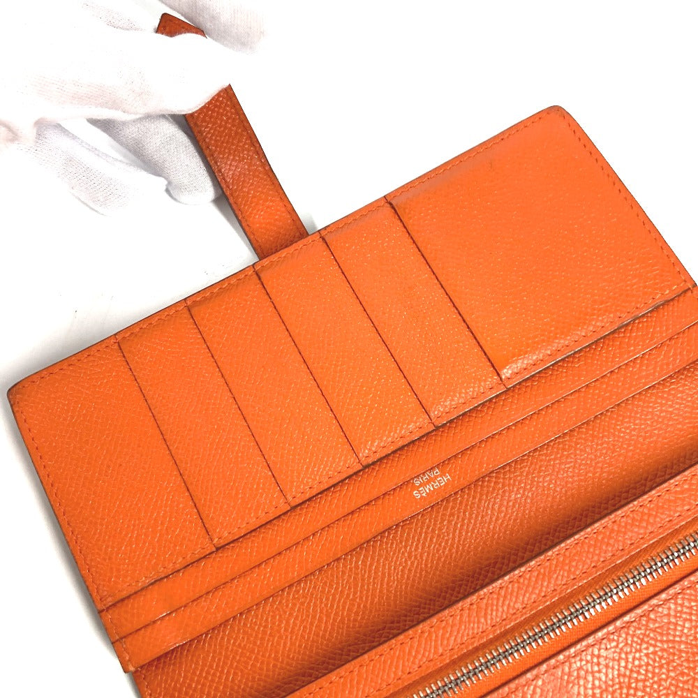 HERMES Long Wallet Purse Epsom Orange HMetal Beansufla Women Used Authentic