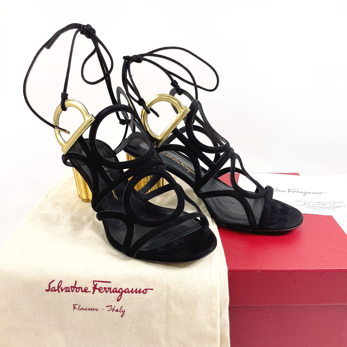 Salvatore Ferragamo Sandals Suede black Gancini VINCI 55 flower heeled sandals 6 1/2 D