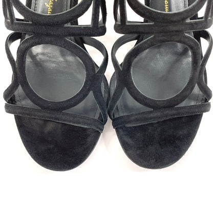 Salvatore Ferragamo Sandals Suede black Gancini VINCI 55 flower heeled sandals 6 1/2 D