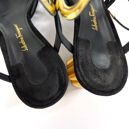 Salvatore Ferragamo Sandals Suede black Gancini VINCI 55 flower heeled sandals 6 1/2 D