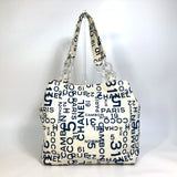 CHANEL Tote Bag canvas White x navy By Sea CCCOCO Mark Clear Chain Women Used Authentic