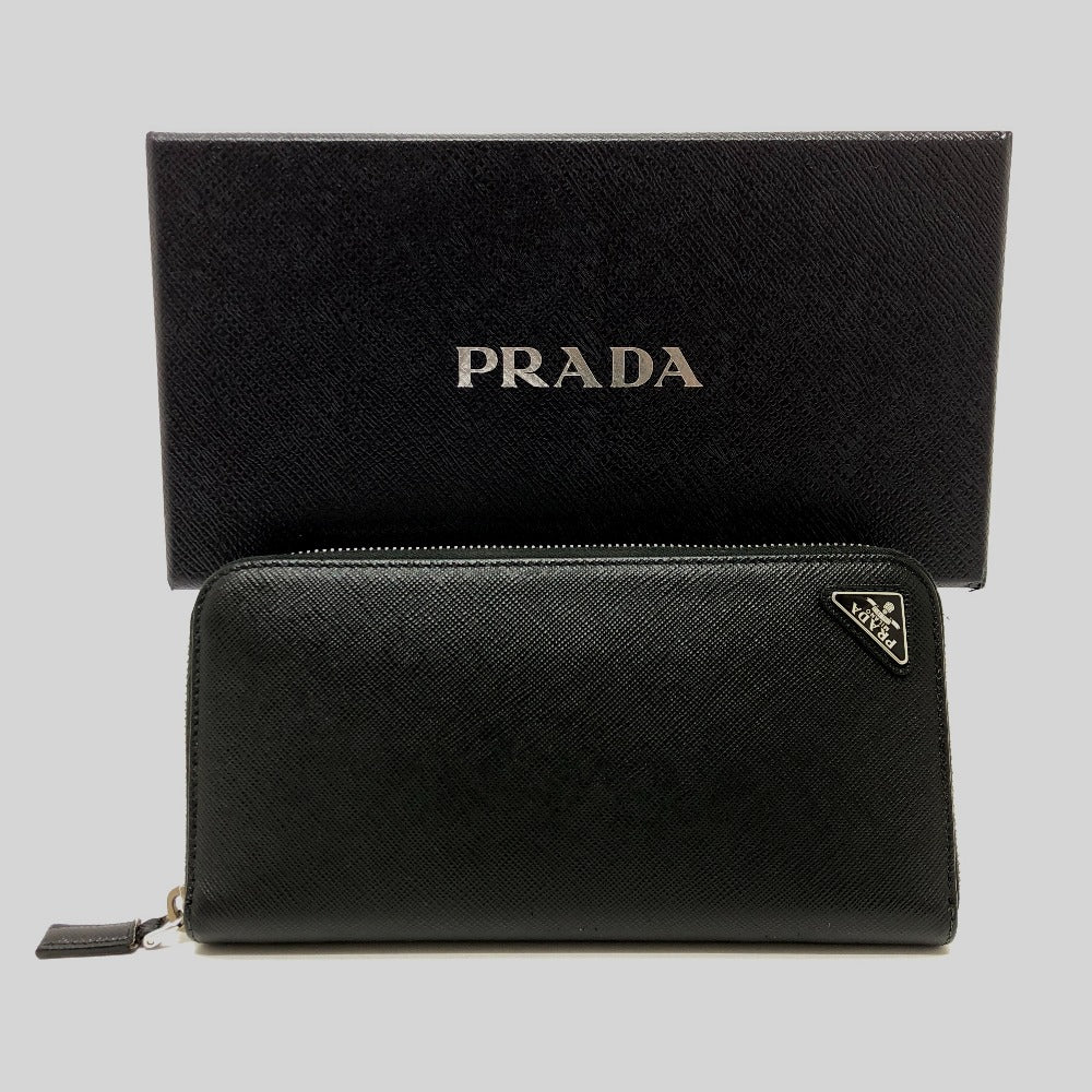 PRADA Long Wallet Purse 2ML506 saffiano leather black Triangle logo Zip Around Women Used Authentic