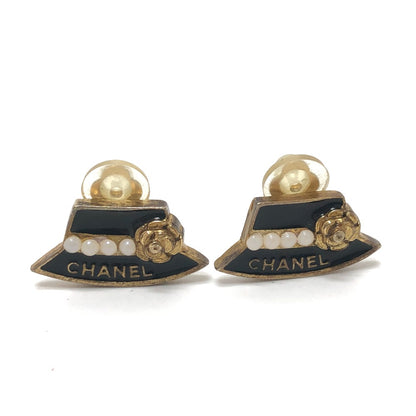 CHANEL Earring Gold Plated black Hat motif Women Used Authentic