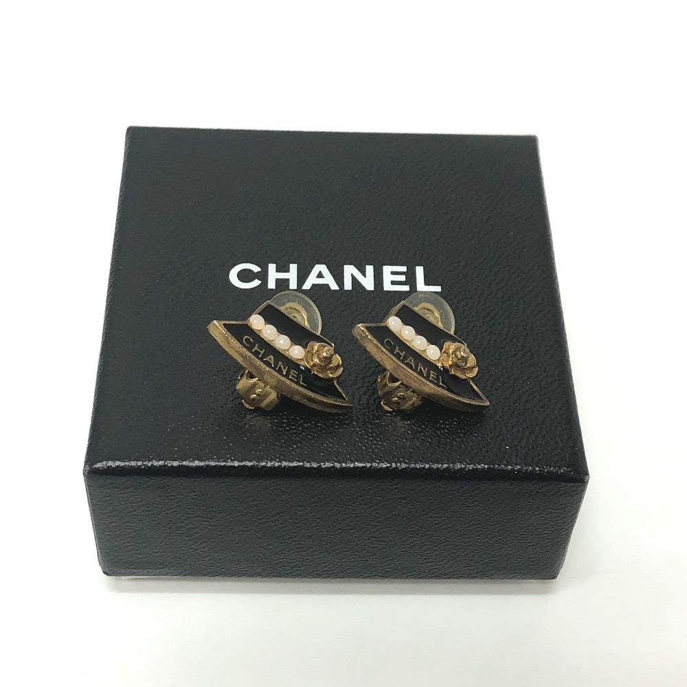 CHANEL Earring Gold Plated black Hat motif Women Used Authentic